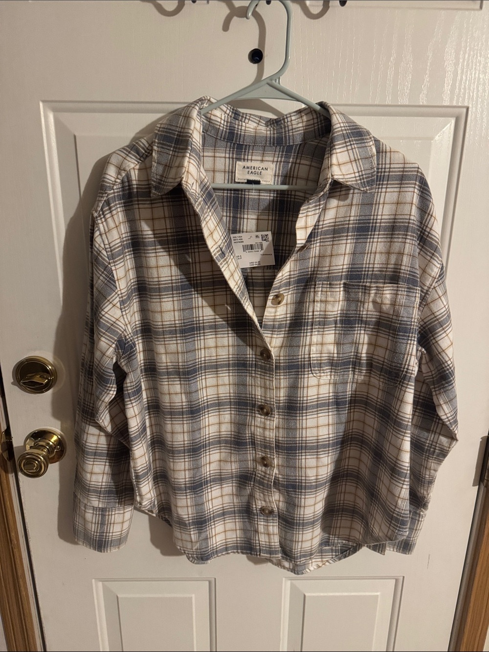 American Eagle Outfitters Cream, Blue & Brown Plaid Button-Down Shirt - Picture 2 of 5